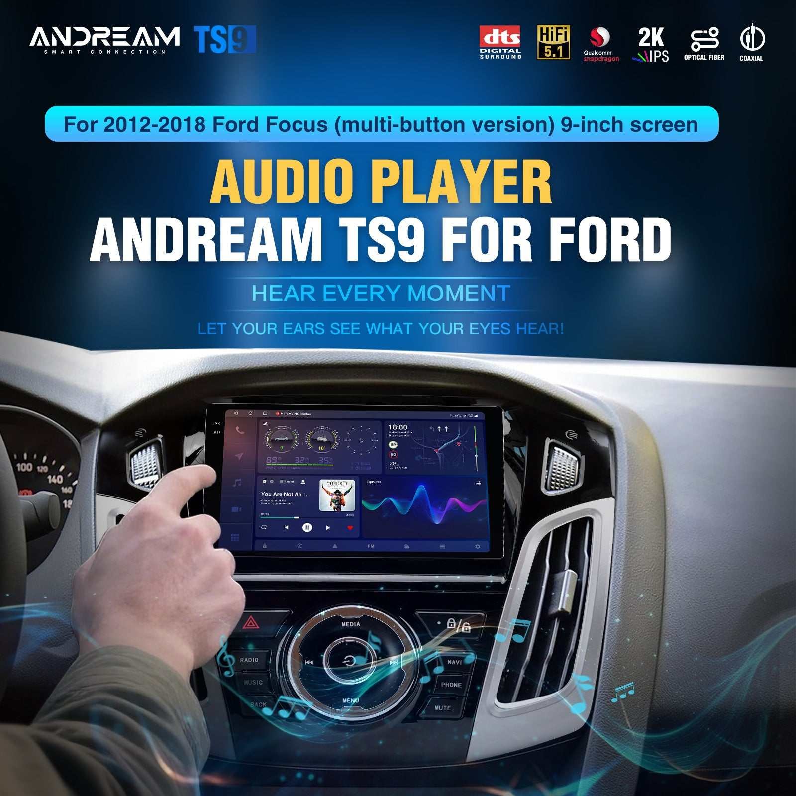 Andream Android14.0 Car Radio Stereo For Ford Focus MK3 MK3.5 2012-2018 Wireless CarPlay Andriod Auto MirrorLink DTS DSP Amplifier Radio Backup Camera